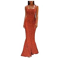 Sparkly Sequin Prom Dress for Women Spaghetti Straps Cocktail Dress Mermaid Long Party Gown PM102