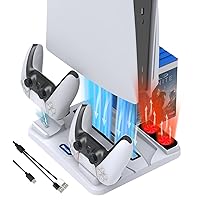 PS5 Stand and Cooling Station with Dual Controller Charging Station Compatible with PS5 Controller,Compact PS5 Accessories with Cooling Fan,Controller Charger,2 in 1 USB Cable, Media Slot, Screw
