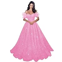 Off Shoulder Sparkly Sequins Ball Gowns for Women Formal Feather Prom Dresses Formal Gown Wedding Evening Dress