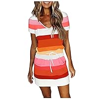 Sundresses for Women 2024 Summer Casual Striped Drawstring Loose V Neck Short Sleeve/Sleeveless Mini Dress