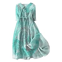 Casual Art Floral Print Button Midi Dress Short Sleeve Loose Dress Women Flowy Swing Drawstring Dresses with Pockets