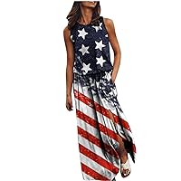 Sleeveless Dress for Women Fall Summer Crew Neck USA Flag Maxi Long Beach Hawaiian Ruched Slit Dress Women 2024