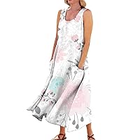 Womens Sun Dresses Summer Dresses for Women 2024 Print Elegant Casual Loose Fit Trendy with Sleeveless U Neck Maxi Flowy Dress White 4X-Large