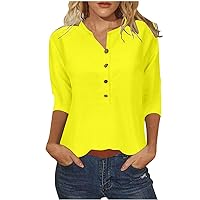 Henley Shirts for Women 3/4 Sleeve Tops Button V Neck Blouse Solid T Shirts Summer Tunic Tops Comfy Tshirt Shirts