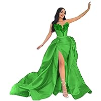 Olive Green Satin Mermaid Prom Dresses with Slit Long Formal Dresses for Women 2024 Strapless Sexy Deep V Neck Evening Ball Gowns with Train Tight Party Dress