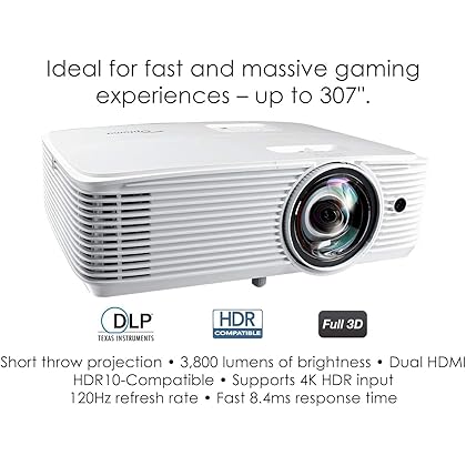 Optoma GT1080HDRx Short Throw Gaming Projector | Enhanced Gaming Mode for 1080p 120Hz Gameplay at 8.4ms | 1080p and HDR support with 4K UHD input | Bright 3,800 Lumens for Day and Night Gaming | White