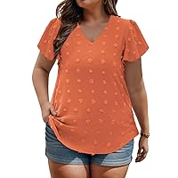 VISLILY Womens-Plus-Size-Summer-Tops Ruffle Short Sleeve V Neck T Shirts Cute Swiss Dot Blouses Casual Tunics Tee