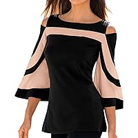 Women Color Block 3/4 Bell Sleeve Cold Shoulder Tops Summer Crewneck Split Side Dressy Trendy Casual Tunic T-Shirts
