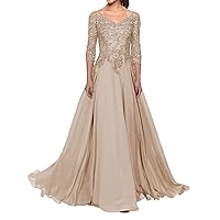 Mother of The Bride Dresses Long Evening Dress V Neck Lace Chiffon Formal Gowns with Sleeves Taupe US28