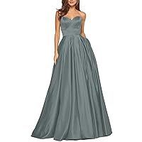 Women's Strapless Prom Dress Floor Length A Line Satin Evening Party Dress with Pocket