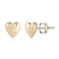 Heart Initial Stud Earrings for Girls - S925 Sterling Silver Post 14K Gold Plated Dainty Letter Earrings Hypoallergenic Little Initial Earrings for Women Girls Kids Sensitive Girls Earrings