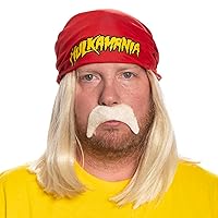 Costume Agent Red Mania Wrestler Bandana with Attached Wig and Mustache Halloween Costume Cosplay