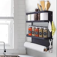 Magnetic Spice Rack for Refrigerator Magnetic Spice Rack with Paper Towel Holder with 2-Tier Shelf Spice Rack Strong Magnetic Backing with 3 Hooks for Kitchen Storage, Freezer,Grill Silver