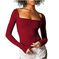Women's Sexy Long Sleeve Crop Tops Square Neck Bodycon Basic T-Shirts Trendy Slim Fit Solid Underwear Cropped Top