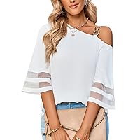2024 Women's Metal Buckle 3/4 Bell Sleeve Sexy One-Shoulder Top Summer Fashion Loose Chiffon Shirt Work Blouse