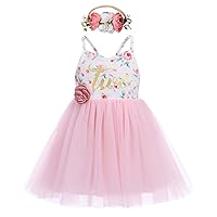 Baby Girls 1st 2nd Birthday Dress Boho Floral Princess Tulle Tutu Dresses with Flower Headband for Cake Smash Photoshoot Prop