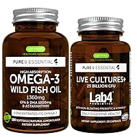 Omega-3 Wild Fish Oil 1360mg + Live Cultures+ Lab4 Probiotics Bundle, 1000mg EPA & DHA with Astaxanthin + 25 Billion CFU Lactobacillus Acidophilus & Bifidobacterium, by Igennus