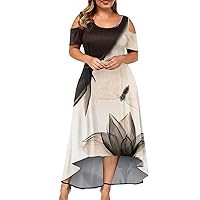 Plus Size Summer Sexy Dresses Women Short Sleeve Partys Printing Cocktail V Neck Light Polyester Boxy Fit Beige 4XL