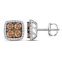 The Diamond Deal 14kt White Gold Womens Round Brown Color Enhanced Diamond Square Cluster Earrings 1.00 Cttw