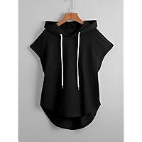 Women's T-Shirt Solid Drawstring Sleeveless Hooded Tee Women's T-Shirt (Color : Black, Size : Medium)