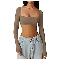 Women's Sexy Square Neck Long Sleeve Y2K Going Out Tee Shirt Skinny Casual Crop Top Trendy Daily Outfits