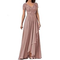 Mother of The Bride Groom Dresses with Short Sleeves Lace Chiffon Wedding Guest Dress Evening Gowns with Pockets R015