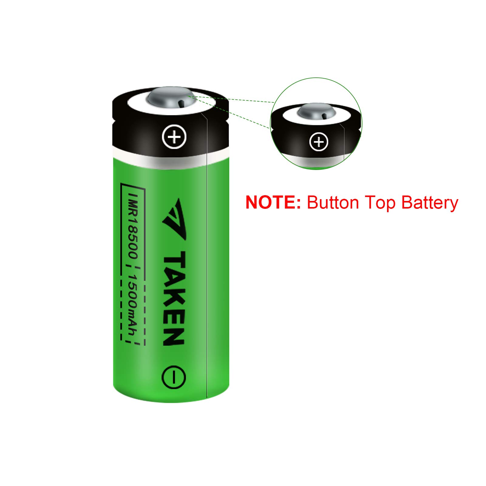 Taken 18500 Rechargeable Batteries, IMR 18500 1500mAh 3.7V Li-ion Rechargeable Battery with Button Top - 12 Pack