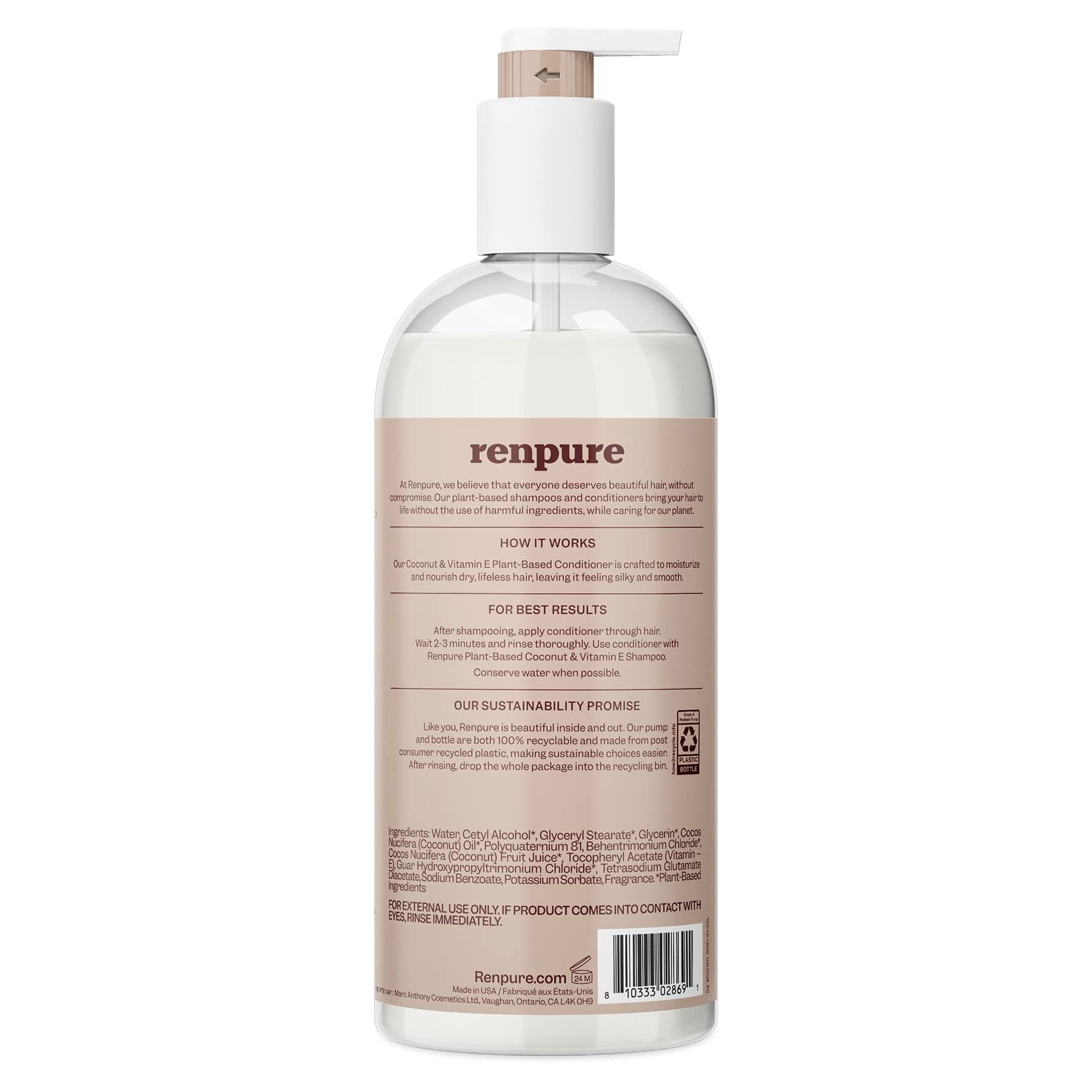 Renpure Plant Based Coconut and Vitamin E Moisturize and Replenish Conditioner - Ideal for Dry, Lifeless Hair - Leaves Hair Silky and Smooth - Paraben Free - Recyclable, Pump Bottle Design - 24 fl oz