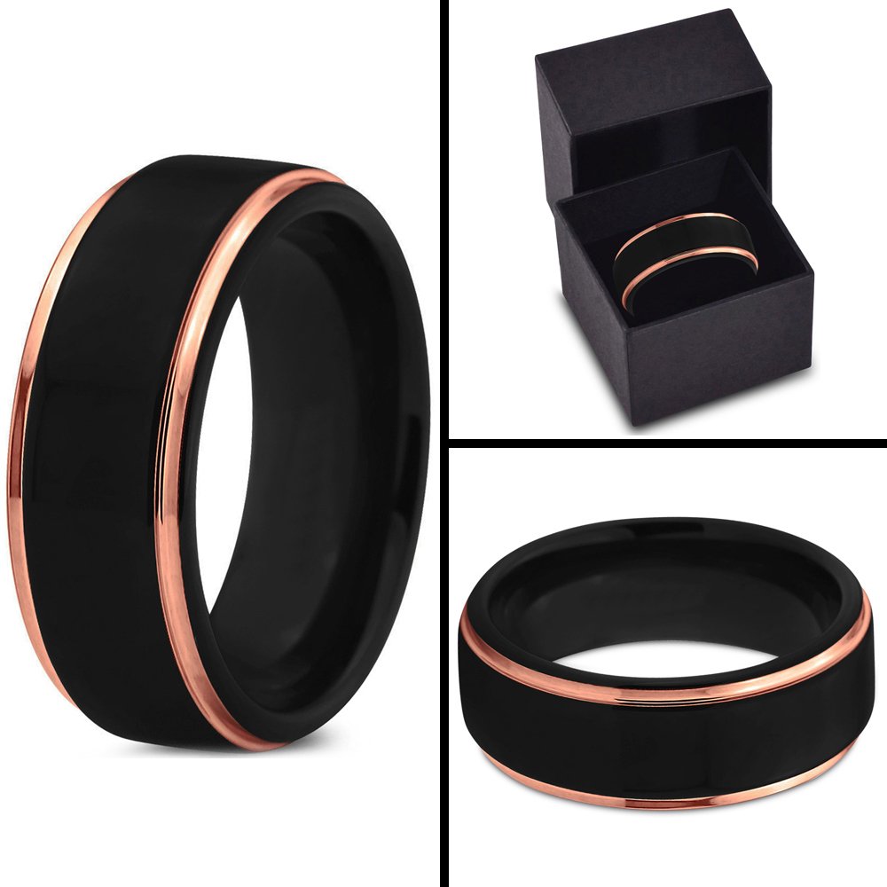 Midnight Rose Collection Tungsten Wedding Band Ring 8mm for Men Women 18k Rose Gold Plated Step Edge Black Brushed Polished Size 12.5