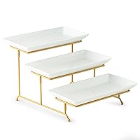 Gomakren 3 Tier Serving Stand with Porcelain Serving Platter Tray - Collapsible Gold Stand with 3 Piece Large14 Inch White Plates for Food Presentation Dessert Server Display and Entertaining