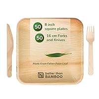 50 8 Inch Disposable Square Palm Leaf Plates + 100 Cutlery (50 Forks, 50 Knives). Heavy Duty Party, Catering Plates. 100% Compostable & Biodegradable than Wood, Paper, or Plastic