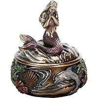 Decorative Art Nouveau Style Sirens of the Sea Mermaid Holding Hand Over Chest Praying Mermaid Fantasy Resin Jewelry Trinket Box 3.25 Inch Tall Faux Bronze