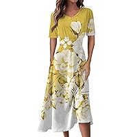 Dresses for Women Summer Trendy Waist Maxi Dress Floral Printed Flowy Swing Long Dress V Neck Short Sleeve Dress