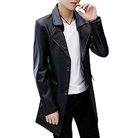 Men’s Black Biker Single Breasted England Style Genuine Sheepskin Casual Classic Scooter Rider Leather Trench Coat