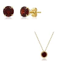MAX + STONE 14k Yellow Gold Created Red Garnet Round Stud Earrings and Pendant Necklace for Women | 6mm Birthstone Earrings | 7mm Birthstone on 18 Inch Cable Chain Spring Ring Clasp Bezel Set