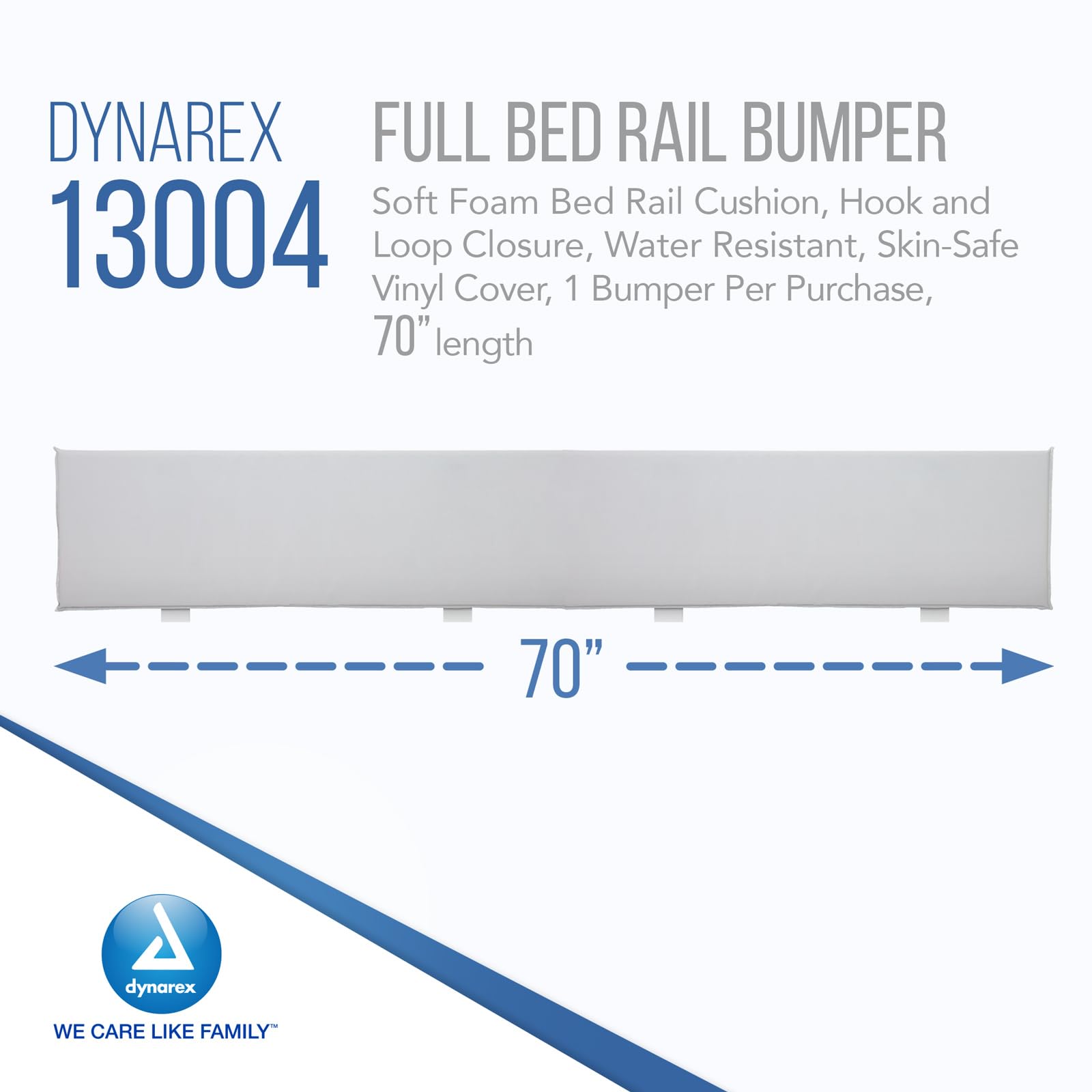 Dynarex Full Bed Rail Bumper - 70” Padded Bed Rail Guard - Soft Foam Bed Railing Cushion, Hook & Loop Closures - Water Resistant & Skin-Safe Vinyl Cover - 1 Bed Rail Bumper