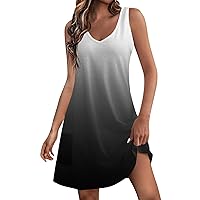 Womens Summer Dresses 2024 Loose V Neck Sleeveless Sundresses Swimsuit Coverup with Pockets Floral/Plain/Eyelet Greys