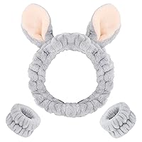3PCS Spa Headband Face Wash Headband and Wristband Set, Cute Bunny Ears Headband for Washing Face Makeup Headband Facial Headband Wrist Bands for Washing Face (Bunny, Gray)