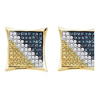 Dazzlingrock Collection Yellow-tone Sterling Silver Mens Blue Color Enhanced Diamond Square Cluster Earrings 1/6 ctw