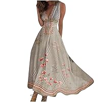Sequin Dress for Women, Sparkly Dresses for Women Business Dresses for Women 2024 Maxi Dress Womens Casual Sleeveless Fashion V Neck Women's Loose Retraction Printed Outdoor Boho (Khaki,XX-Large)