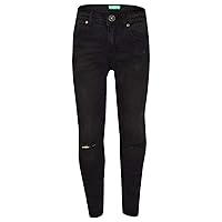 Girls Stretchy Jeans Kids Jet Black Denim Ripped Pants Frayed Trousers 5-13 Year
