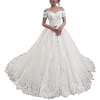 Off Shoulder Short Sleeve Bridal Ball Gown Train Lace up Corset Wedding Dresses for Bride Plus Size