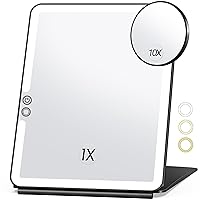 Large Travel Makeup Mirror with 10X Magnifying Mirror, Travel Lighted Mirror, 3 Color Lighting, Rechargeable 2000mAh Batteries, Portable Ultra Slim Vanity Mirror, Travel Accessories for Women(Black)