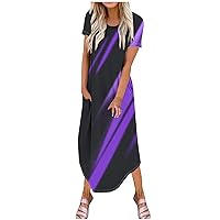 Women's Maxi T-Shirt Dress Striped Short Sleeve Round Neck Long Dress Side Split Casual Flowy Dresses with Pockets