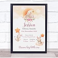 The Card Zoo New Baby Birth Details Christening Nursery Watercolour Bunnies Gift Print