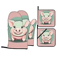 Cute Long Ear Pig Oven Mitts and Pot Holders4 Pcs Set Heat Resistant Microwave Gloves Baking Cooking