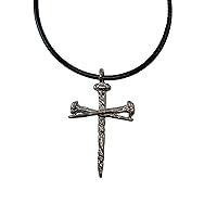 Cross 3 Rugged Nails Cross Pewter Dark Metal Finish Black Cord Necklace