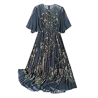 100% Mulberry Silk Swing Dresses for Women Floral Print Flare Sleeve Pleated Dress Party Dresses