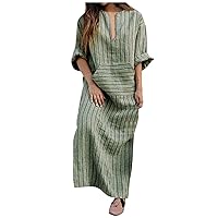 Women Cotton Linen Kaftan Maxi Dress Plus Size Roll Long Sleeve V-Neck Stripe Pocket Tunic Dresses