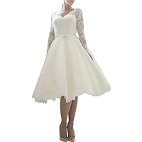 Women's Long Sleeves Lace Wedding Dress Tea Length Bridal Gowns